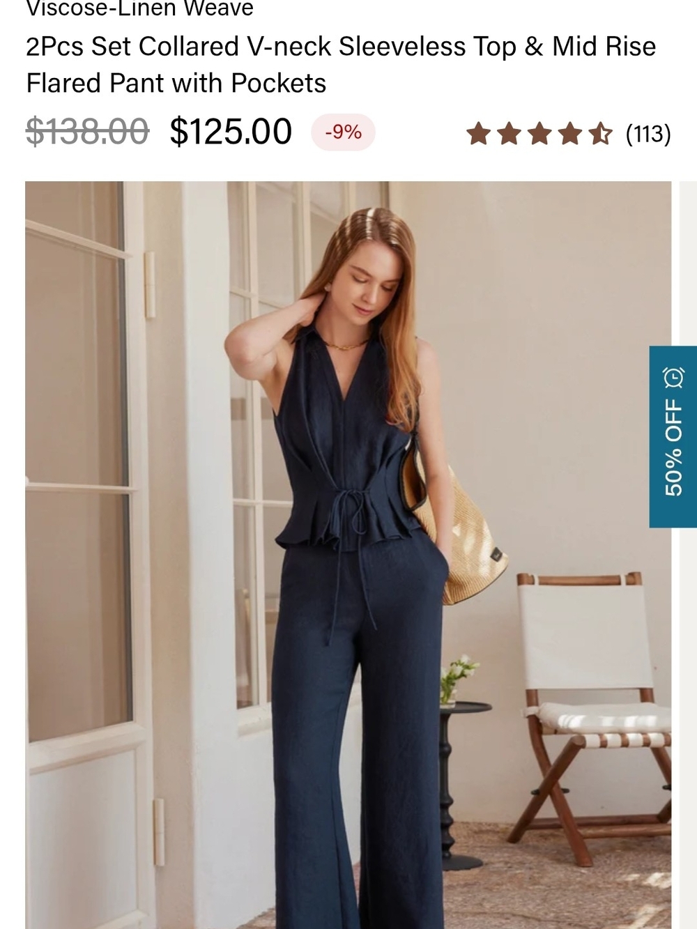 OGL Sleeveless Collared V-Neck Tie-Waist Jumpsuit in Navy